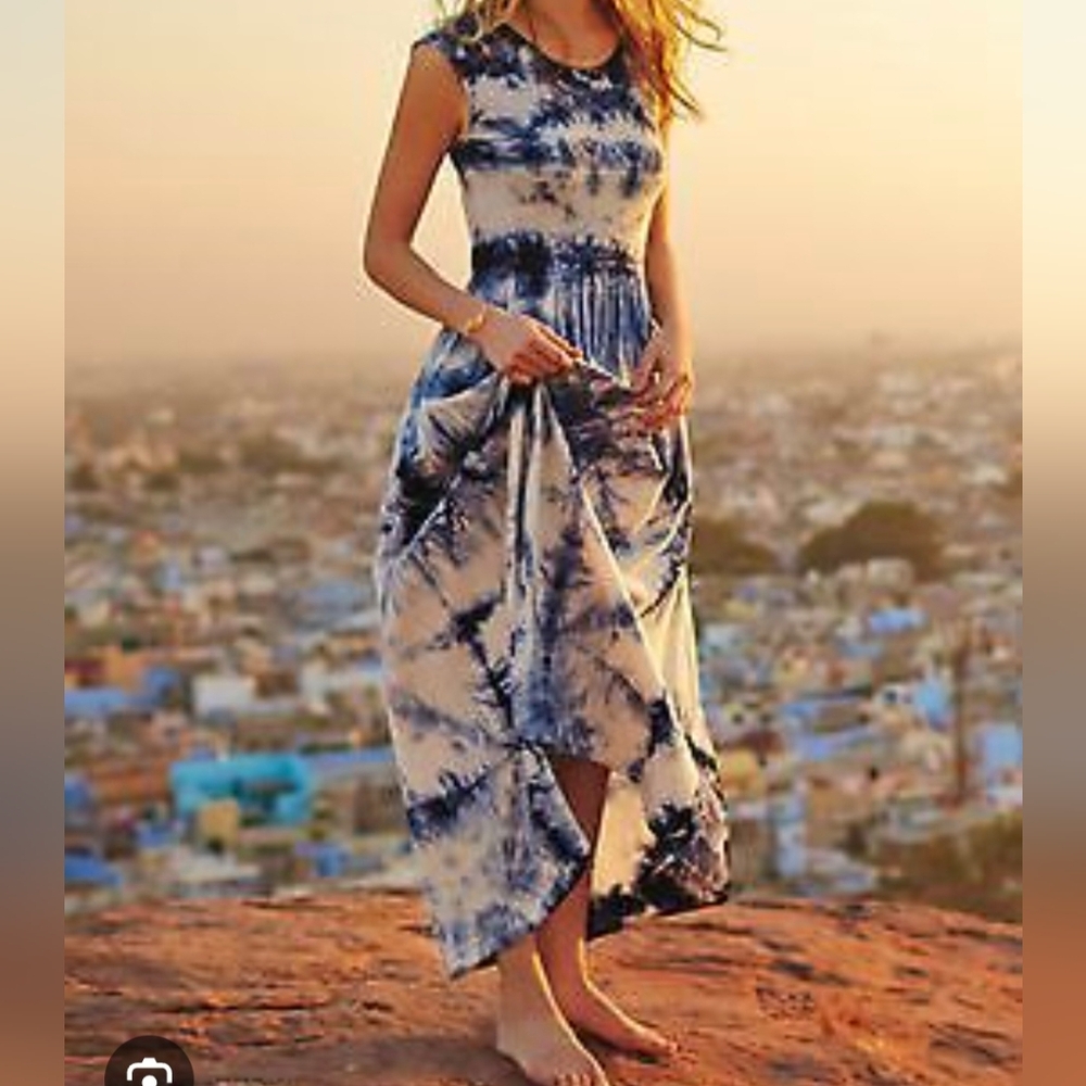 Anthro | The Odells Dress Skyscrape Blue Tie Dye Hi Low Midi Size S